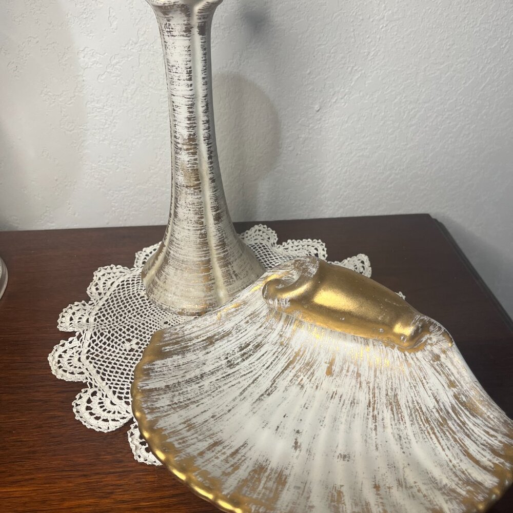 Vintage MCM Two Piece Royal Haeger 22K Gold Tweed Candle Holder and Shell Dish - Picture 7 of 11